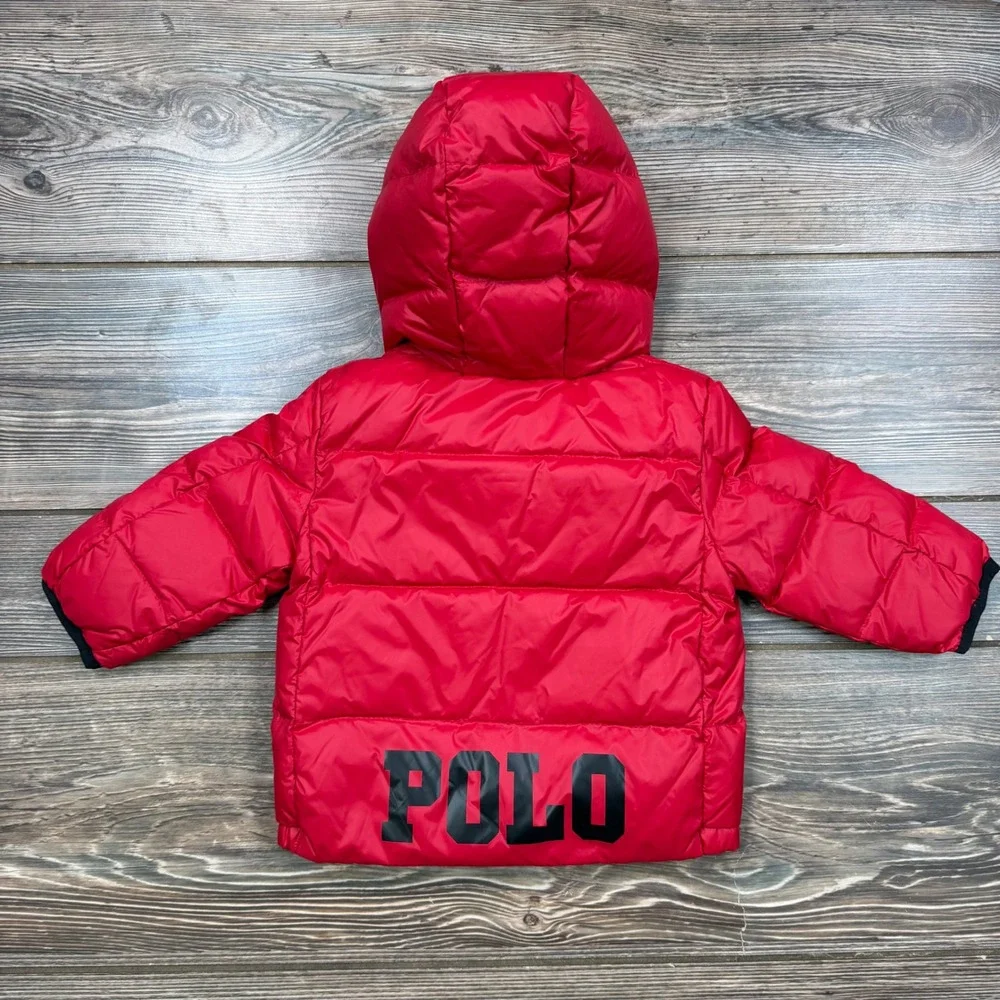 Ralph Lauren Kids 12M Puffer Jacket Red Hooded Down Fill Logo Excellent